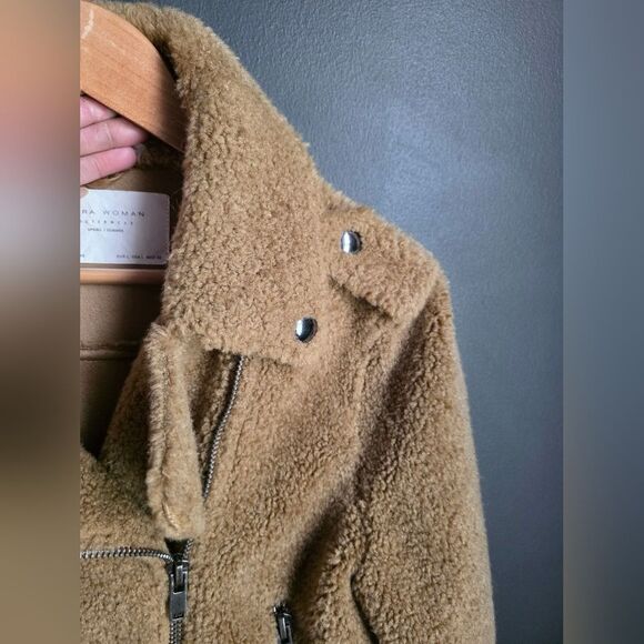 Zara FAUX FUR Sherpa BIKER JACKET TEDDY CAMEL Tan Crop Sz L Moto - Picture 7 of 12